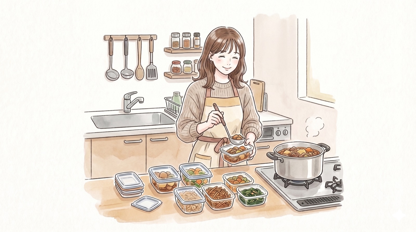できたてのおかずを鍋からお玉で保存容器に取り分けている女性のイラスト。調理台には冷凍用の保存容器が並んでいる
