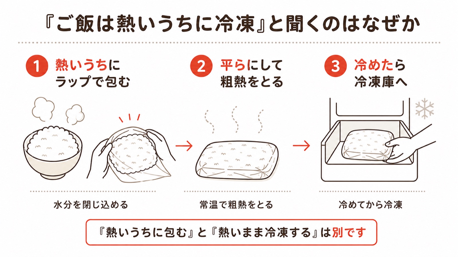 ご飯を冷凍する3ステップの図。1:熱いうちにラップで包んで水分を閉じ込める、2:平らにして常温で粗熱をとる、3:冷めたら冷凍庫へ。「熱いうちに包む」と「熱いまま冷凍する」は別