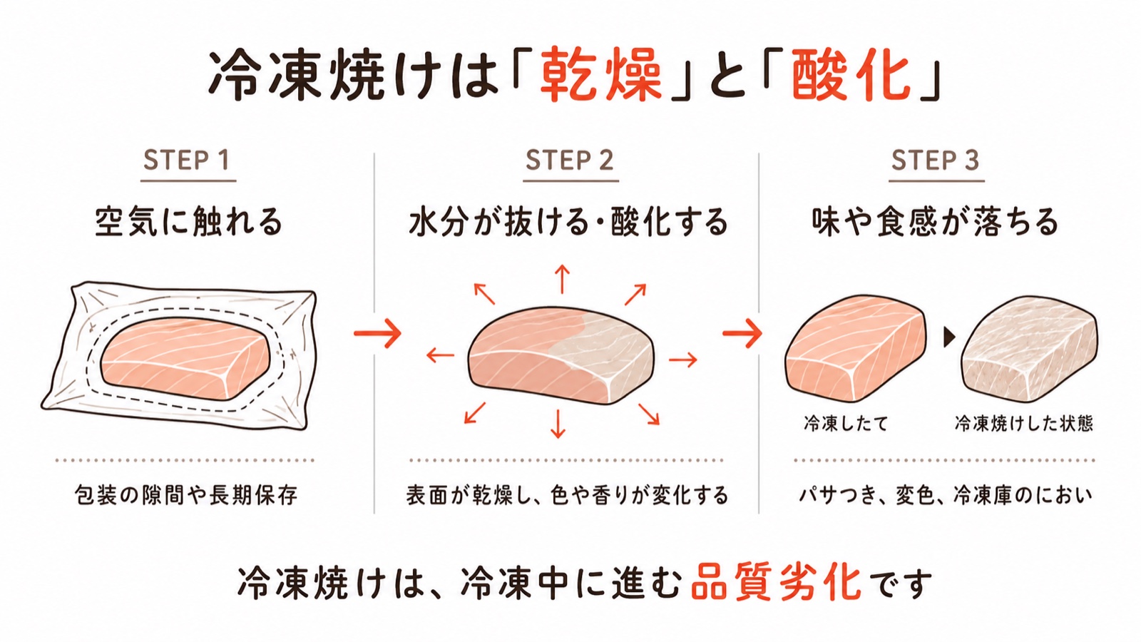 冷凍焼けが進む3段階。空気に触れる、水分が抜けて酸化する、味や食感が落ちる。冷凍焼けは冷凍中に進む品質劣化であることを示す図