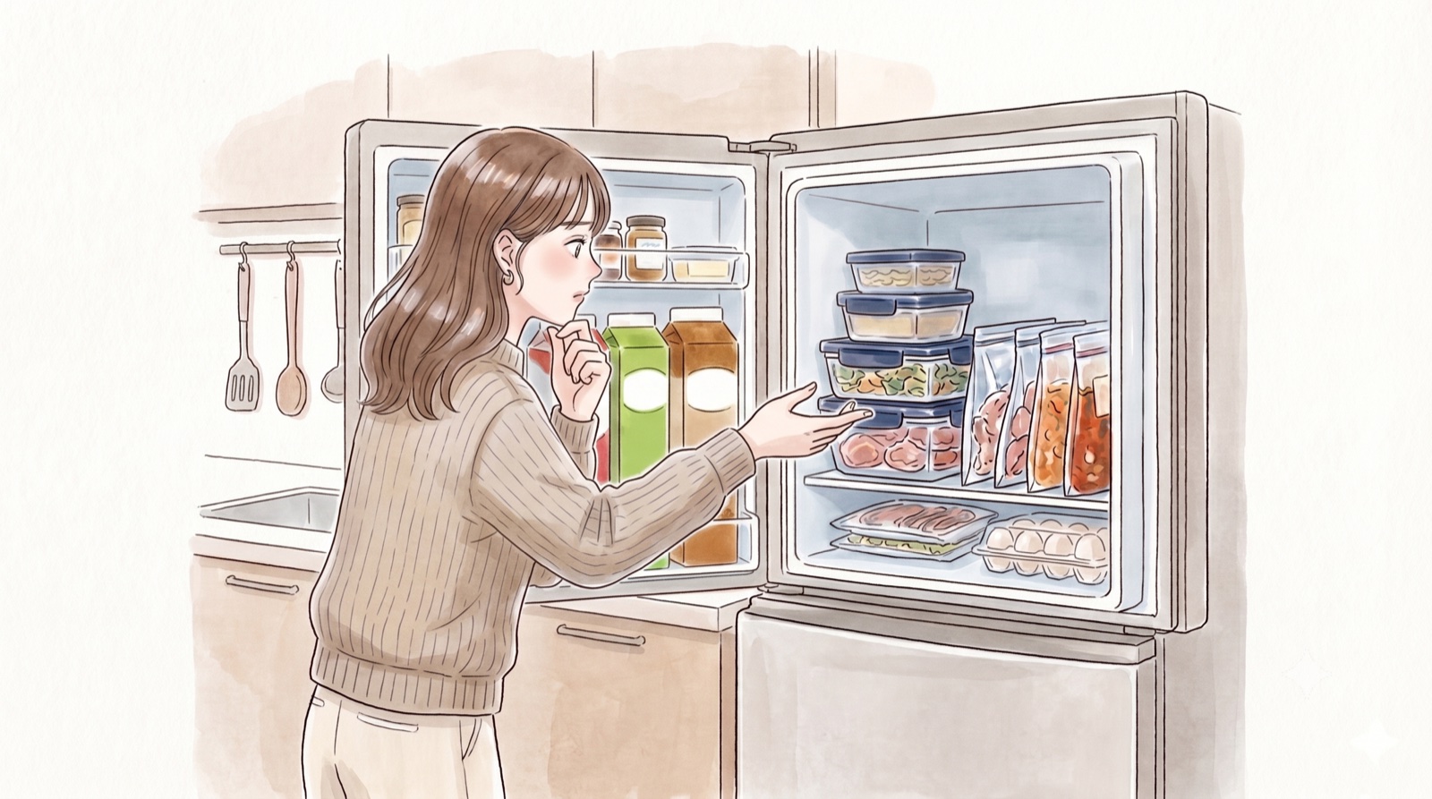 冷凍庫を開けて、保存容器や保存袋に入った作り置きを眺めながら、いつまで食べられるのか考えている女性のイラスト